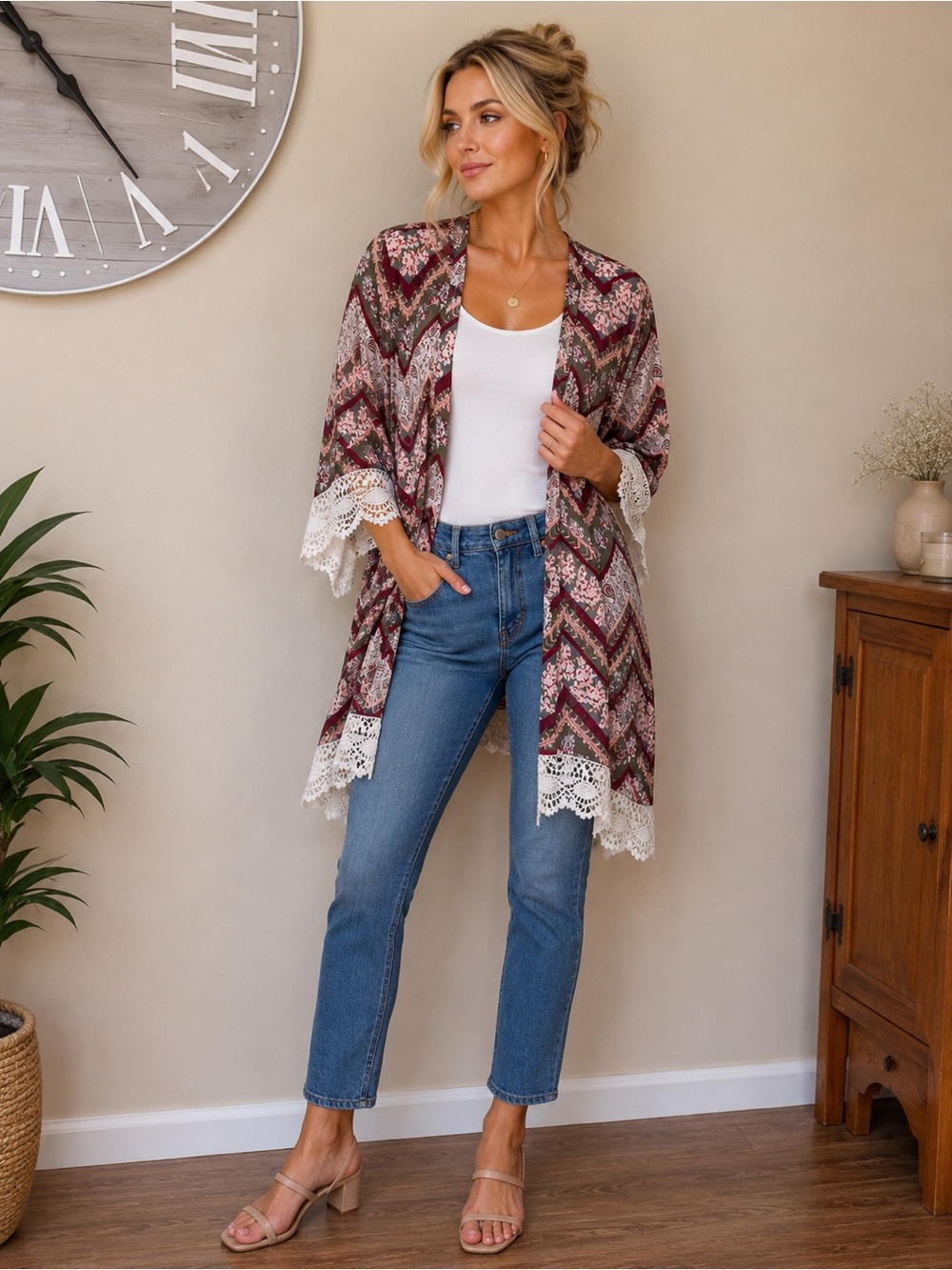 049 NWOT Vanity Boho Chevron Lace-Trim Kimono - Burgundy Mix